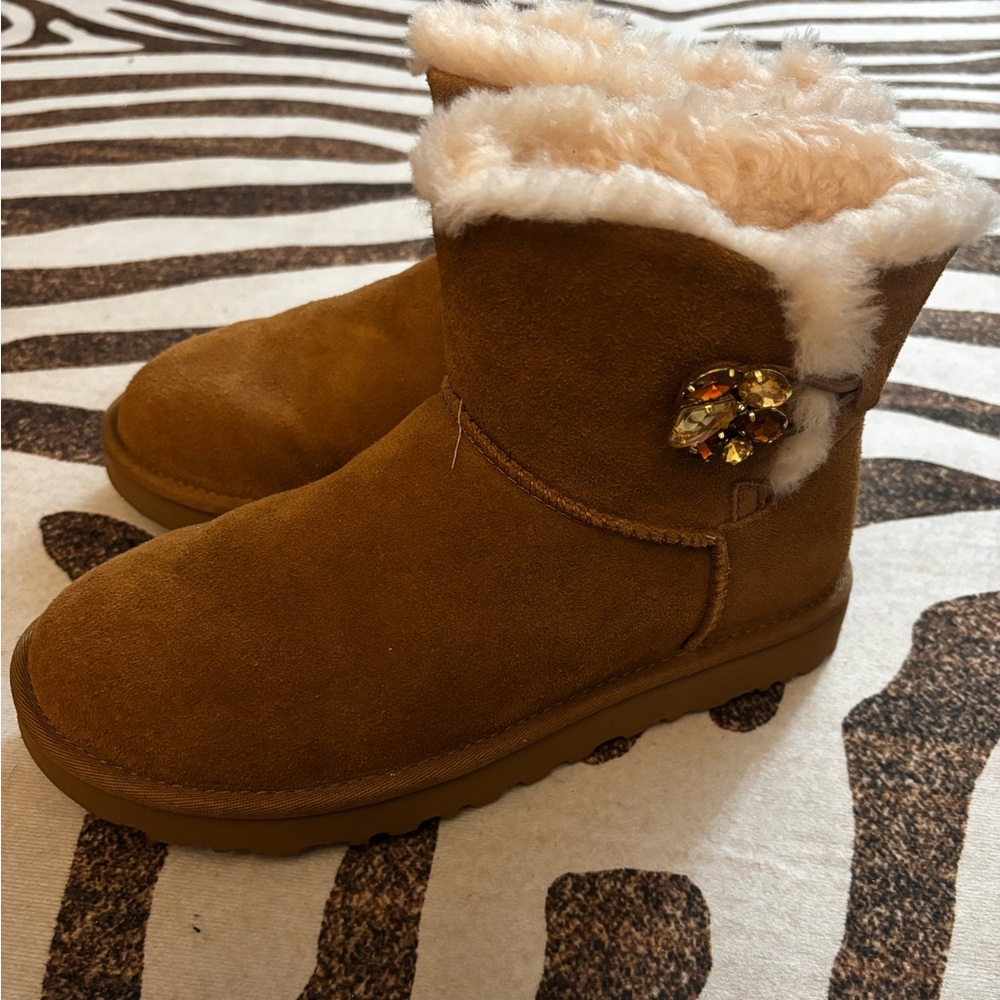 UGG Mini Bailey Button Boots Chestnut with Crystal Detail